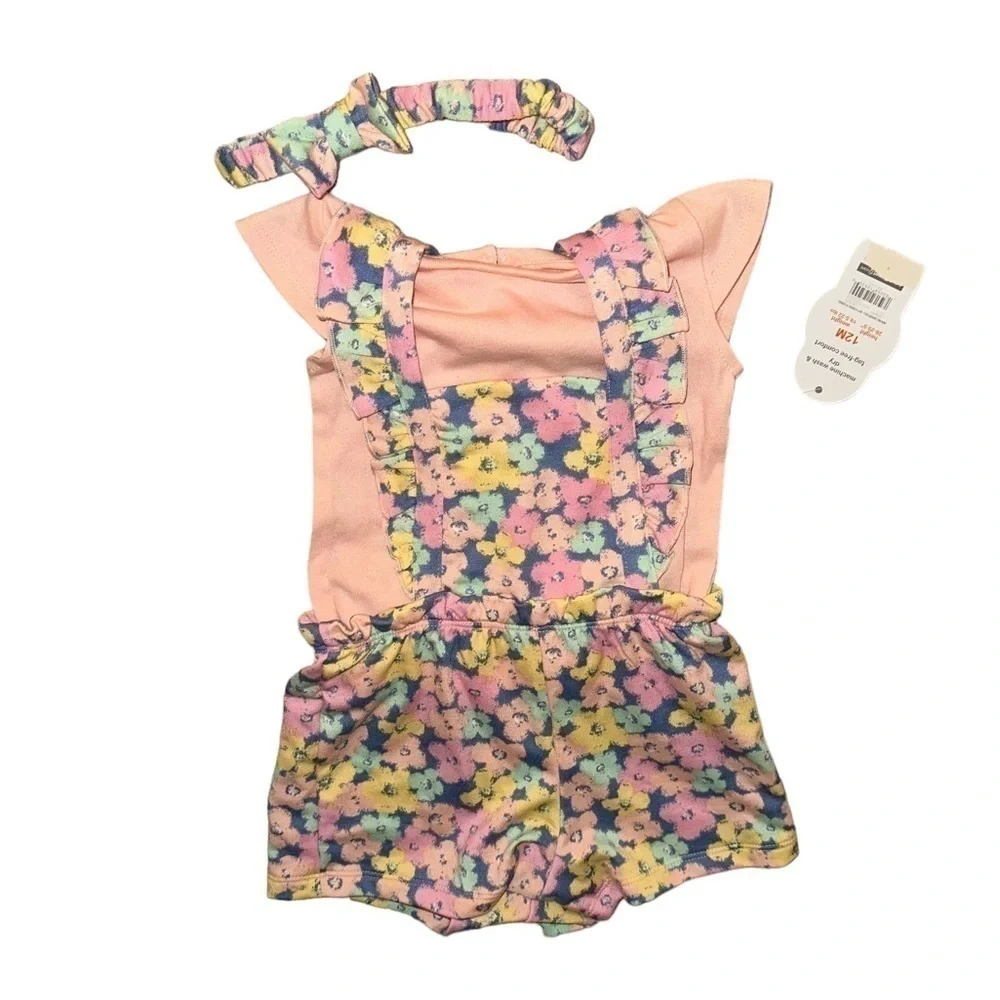 Wonder Nation Girls 12 Months Floral Jumpsuit With Bow Set New With Tags
